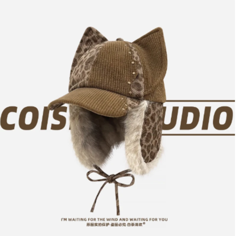 

Американский леопардовый принт Y2k, плюшевая вельветовая бейсболка с кошачьими ушками для мужчин и женщин, зимние утолщенные теплые шапки-бомберы с защитой ушей