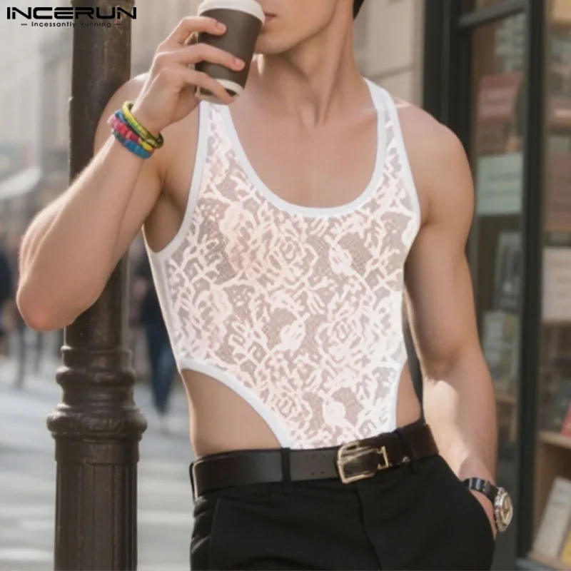 INCERUN Men Bodysuits Floral Lace See Through O-neck Sleeveless Male Rompers Sexy 2025 Fashion Skinny Casual Bodysuit Men S-3XL