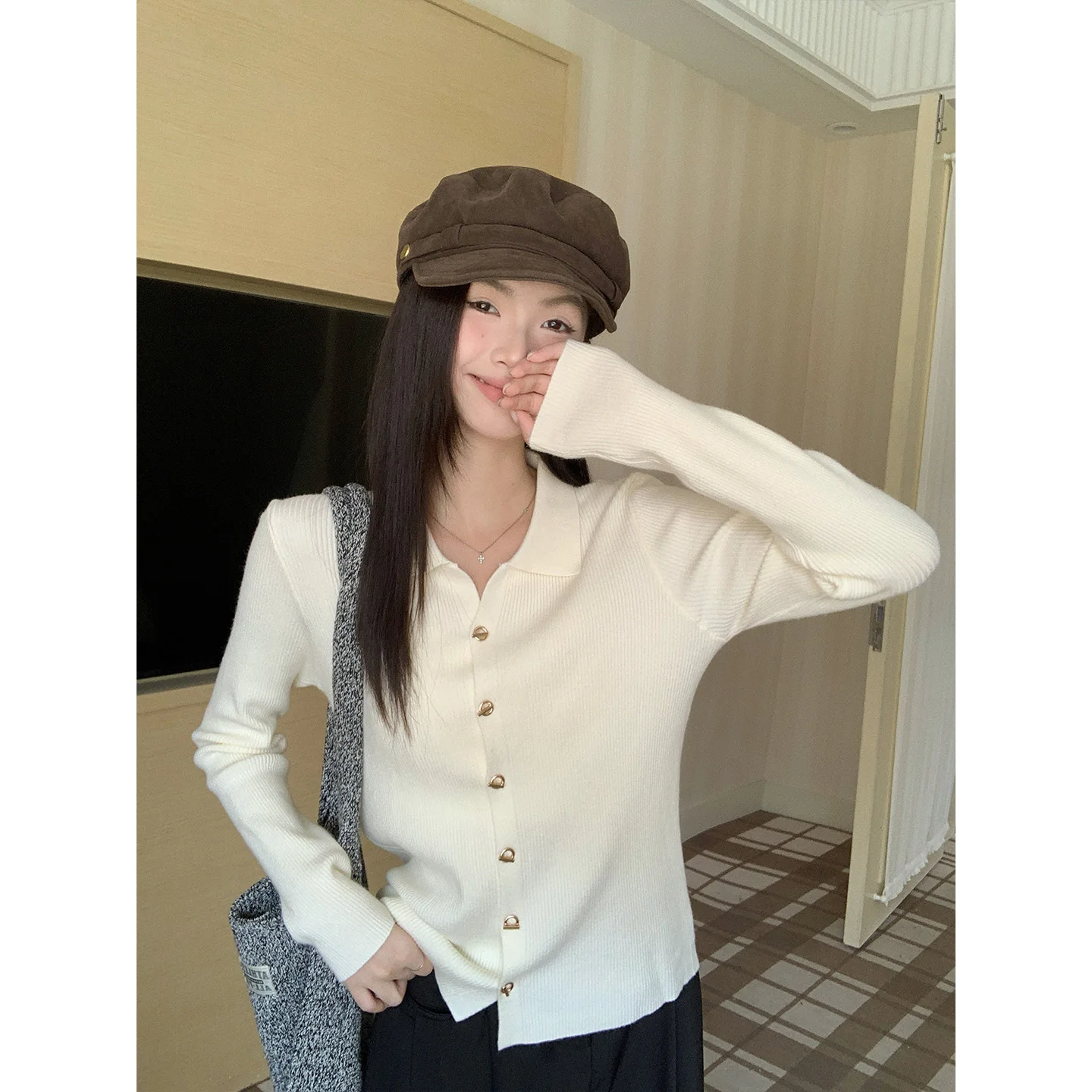 Knitted Sweater Women Cardigans New Long Sleeve Turn Down Collar Black Knit Sweater Cardigan Women Tops Sueters De Mujer Q1421