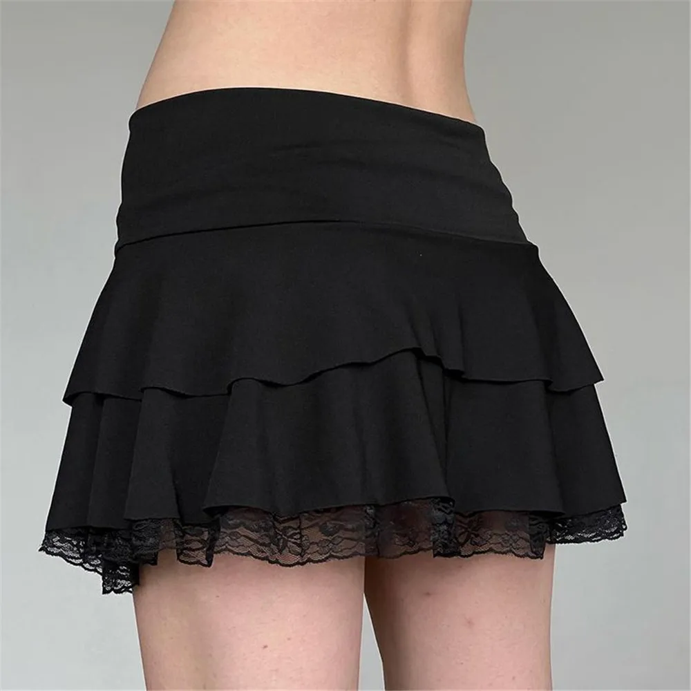 Gothic Cute Lace A-line Mini Skirts Women Chic Black Low Waisted Bow Stitching Short Skirts Y2K Bottoms Streetwear Dark Academia