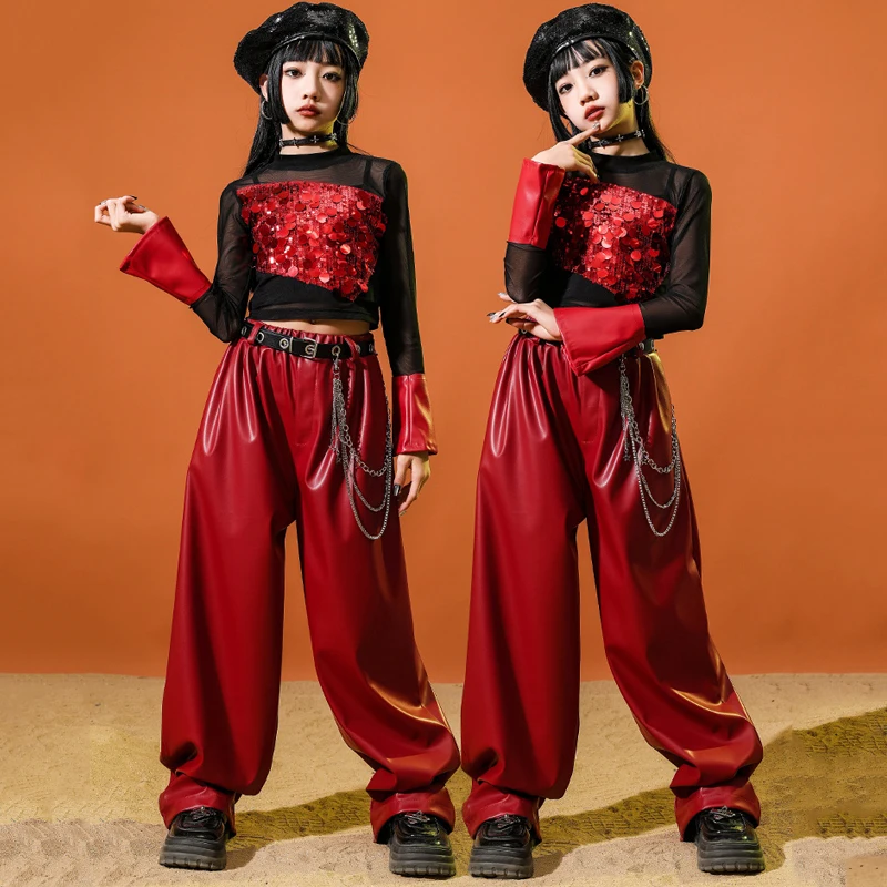 

Модная одежда для джазовых танцев для девочек, топ с блестками, кожаные штаны, детская крутая одежда в стиле хип-хоп, детский наряд для уличных танцев XS10729