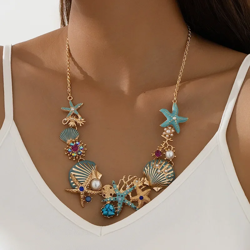 Beach Multicolor Starfish Shell Shining Rhinestones Pendant Necklace Bracelets Set