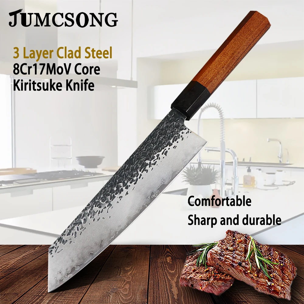 JUMCSONG 8-inch Kiritsuke knife, 3-layer Damascus steel chef specific slicing knife, kitchen specific kitchen knife