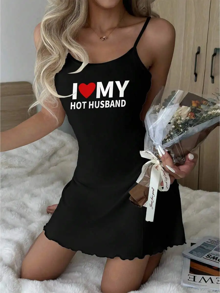Women Sexy Letter Print Spaghetti Strap Nightgown Mini Dress