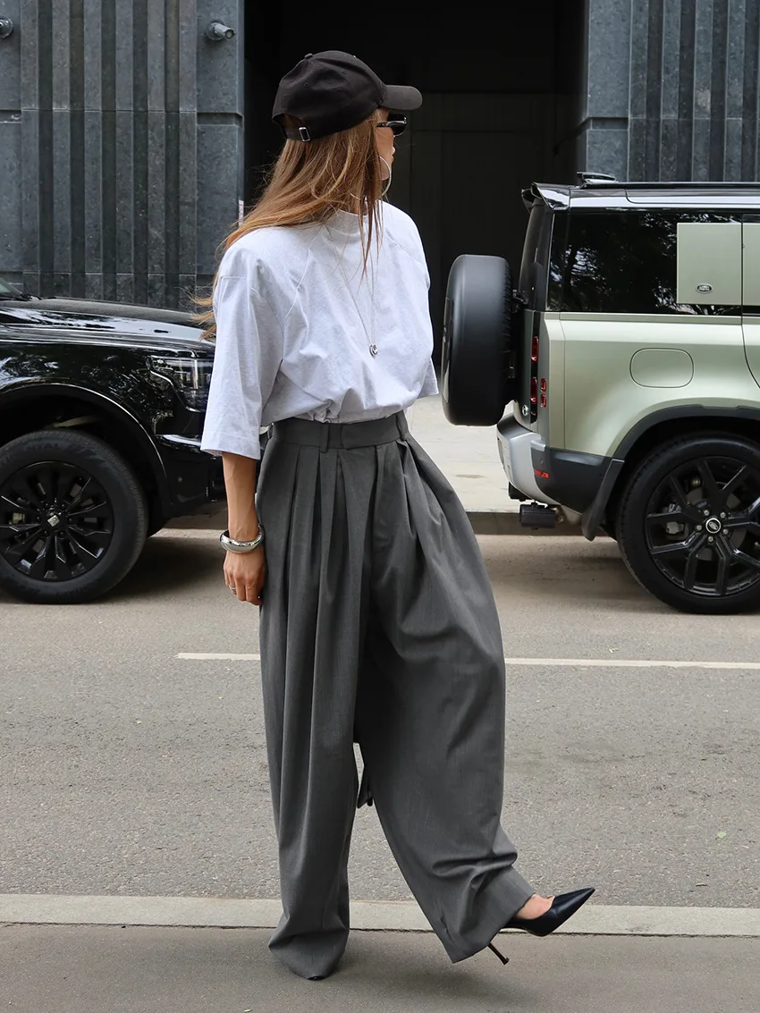 Autumn Winter Temperamental Women's Trousers Solid Color Loose Versatile Commuting Style Woman Clothes Pleated Wide-leg Trousers