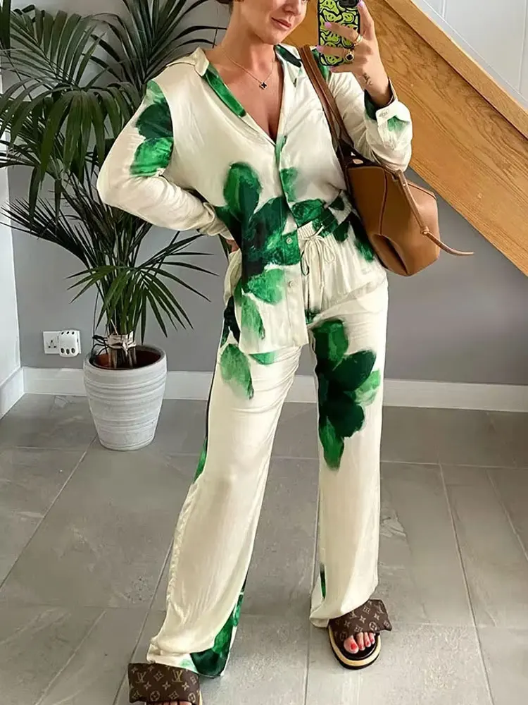 ชุดเซ็ตแฟชั่นผู้หญิงลายดอกไม้ฤดูร้อนสุดฮิต กางเกงขายาวทรงกว้างผูกเชือก+เสื้อแขนยาวทรงหลวมปกเชิ้ต สไตล์สบายๆ