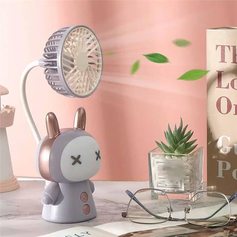 ABRG-Mini Fan Cartoon Portable Fan With Night Light USB Rechargeable Operated Folding Small Fan For Table Study Desk Lamp