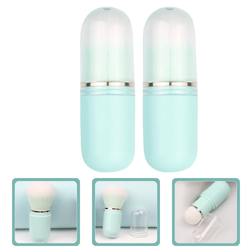 

2pcs Retractable Makeup Brush Capsule Shaped Sky-Blue Portable Travel Size Blush Foundation Powder Contour Cream Applicator