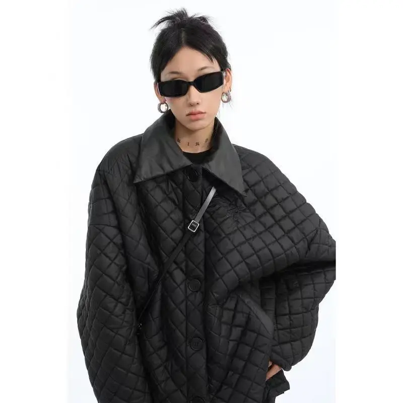 Harajuku Street Vintage Argyle Quilted Parkas Women Turn-down Collar Single Breasted Loose Casual Jacket 2024 Winter Padded Coat