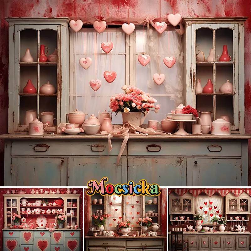 Mocsicka Valentine's Day Closet Photography Backgrounds Red Love Hearts Photocall Photobooth Props Kids Portrait Photo Backdrops