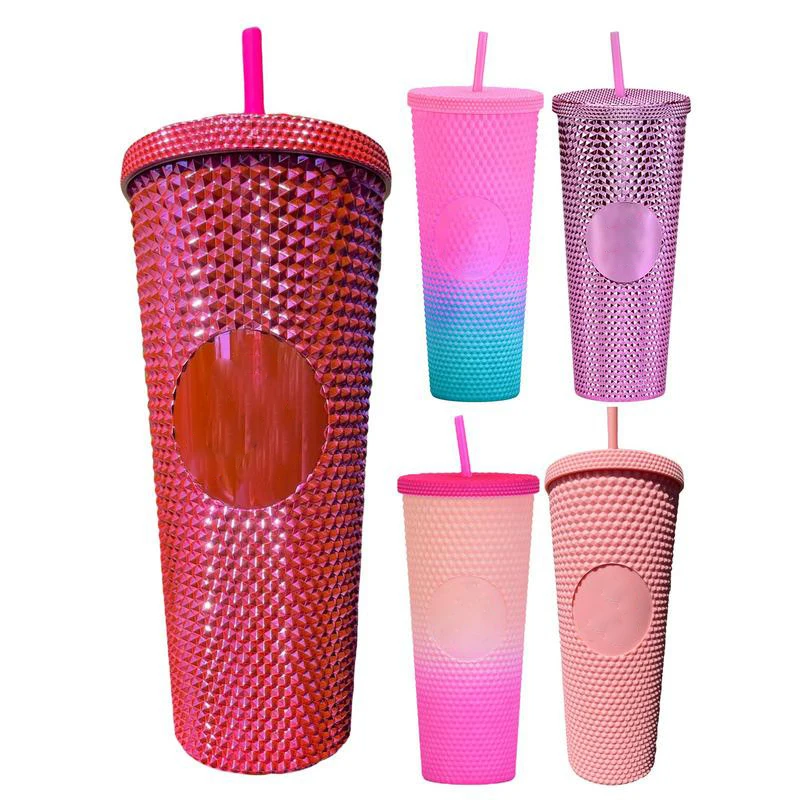 24oz/800ml Pink Coffee Cup with Straw, Double Wall Insulated Tumbler Insulated Water Bottle Bling Pink Tumbler for Girl Gifts