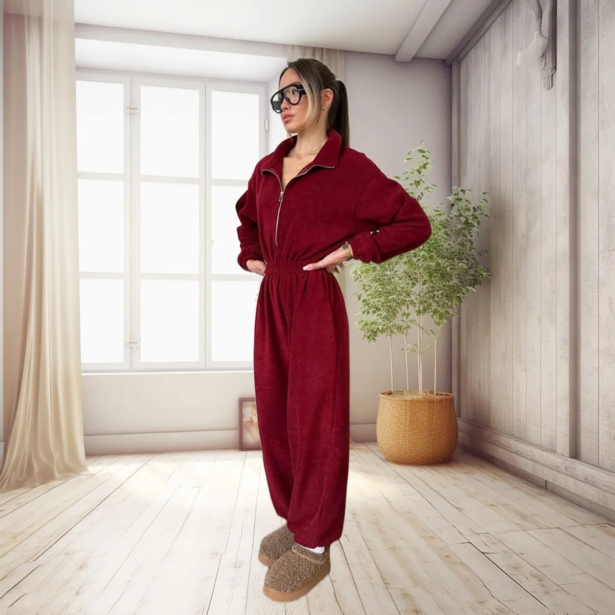 여성용 패셔너블하고 캐주얼한 롱 점프수트, 지퍼 팬츠로 봄, 가을, 겨울에 편안하게 착용 가능