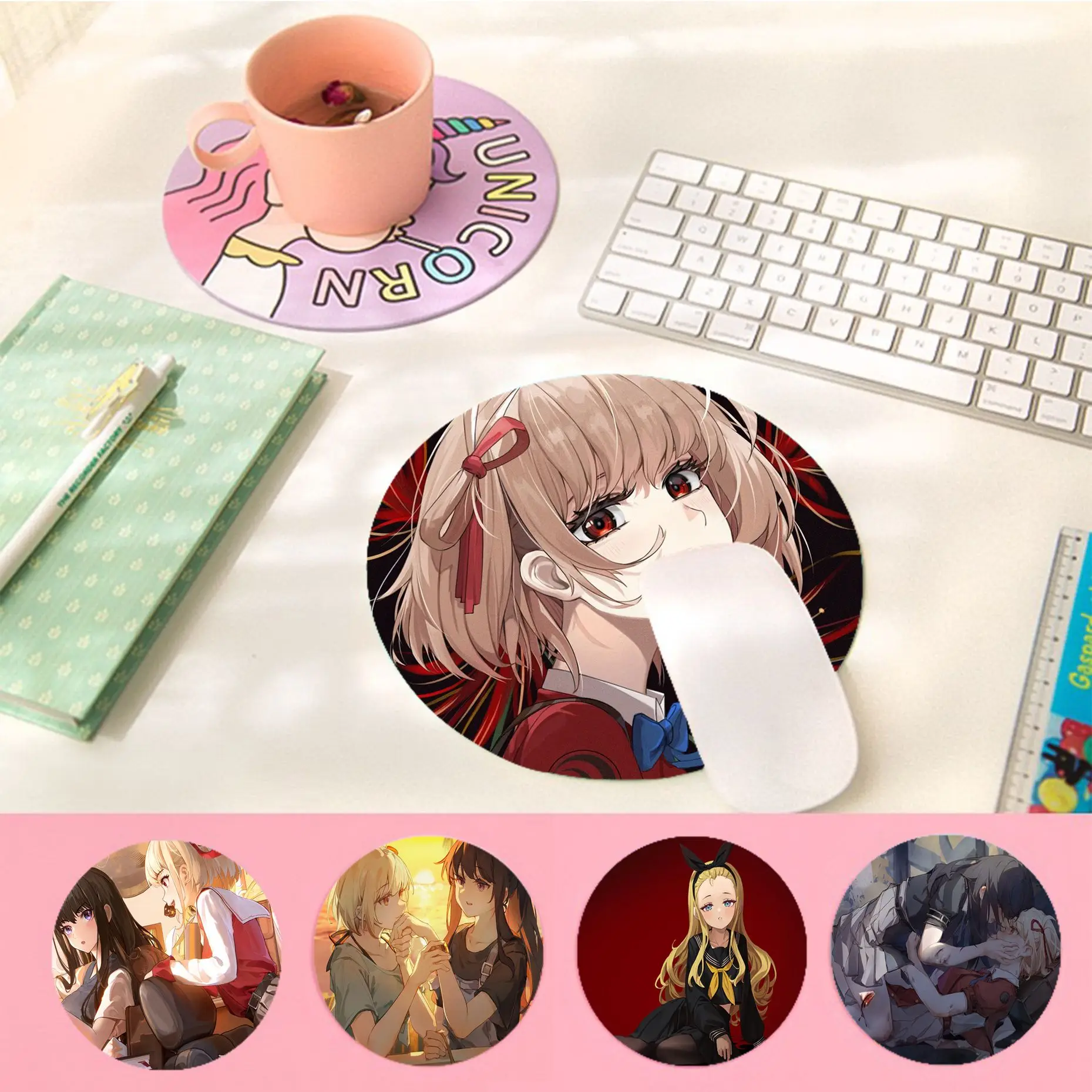 Lycoris Recoil  Mousepad 20x20cm Round Desktop Desk Mat Kawaii Gaming Accessories Students Writing Pad Mouse Pad for PC Desk Pad