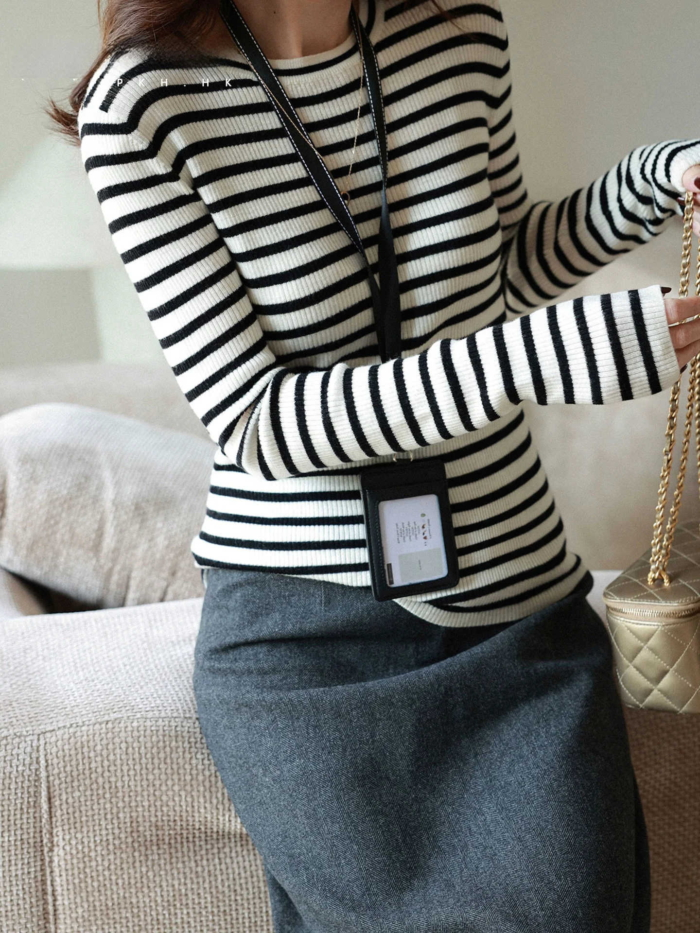 

Классический шерстяной свитер PKHHK Slim Fit, можно стирать, в полоску, из мериносовой шерсти, женский вязаный топ с длинными рукавами и круглым вырезом