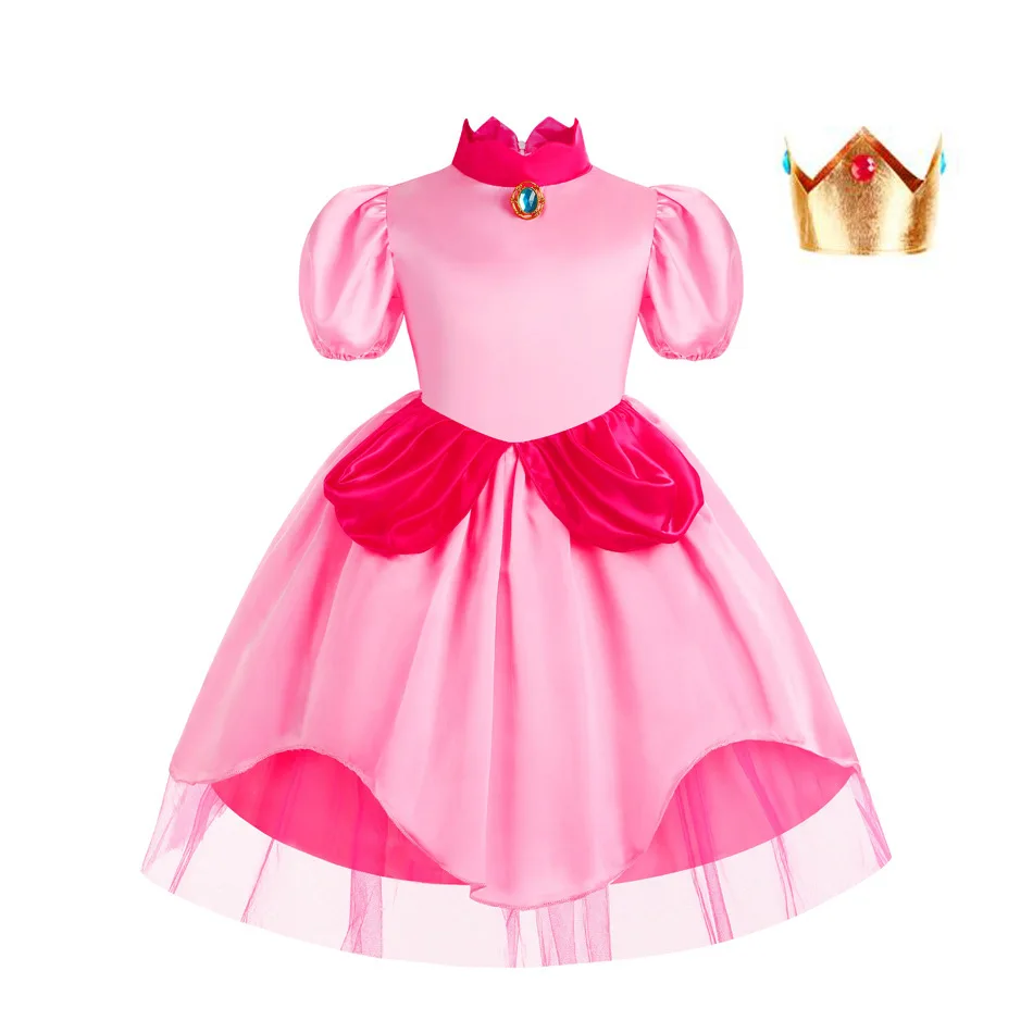 Peach Princess Dress Girl Cosplay Daisy Rosalina Costume Peach Dress Up Clothes Children Birthday Party Carnival Kids Outfits view 3