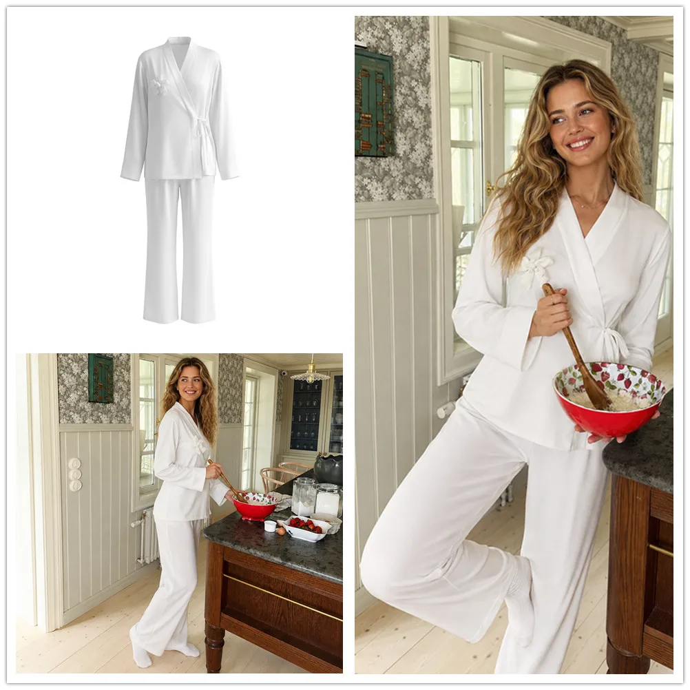 white-ice-silk-satin-women's-pajamas-set-homewear-elegant-flower-applique-sleepwear-casual-loungewear-pijama