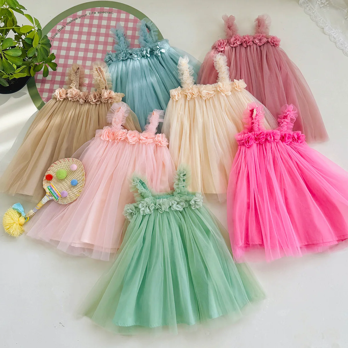 

3D Flowers Applique Sweet Toddler Girls Princess Summer Strap Mesh Skirt For Children Beach Holiday Daily Wear 1 2 3 4 5 6 Years