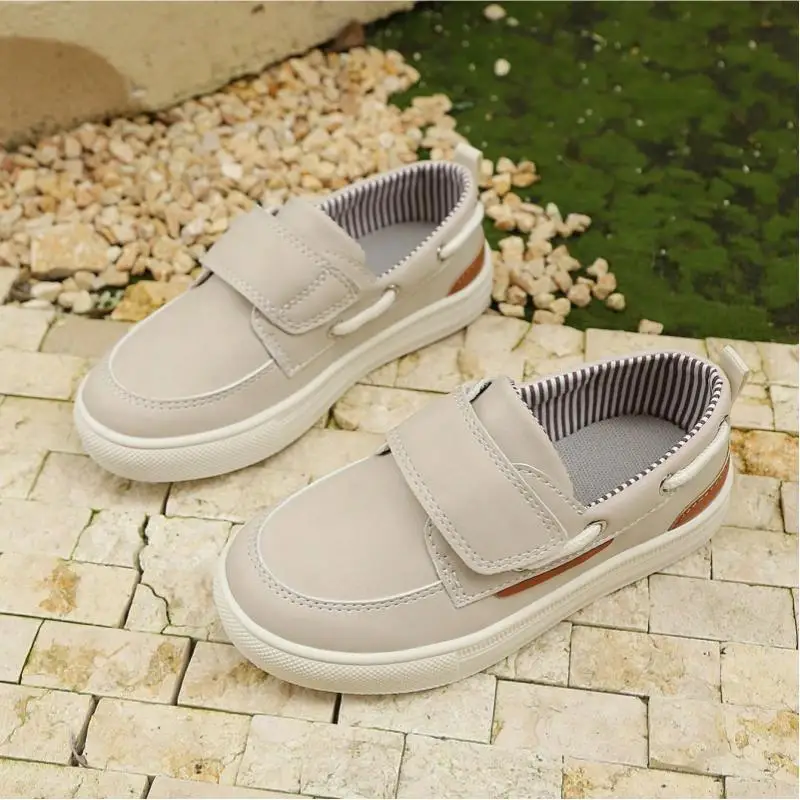 Kids Beige Boat Shoes, Hook & Loop Easy On Loafers, Soft Faux Leather Upper, Striped Lining, Non-Slip Thick Sole, Casual Daily S