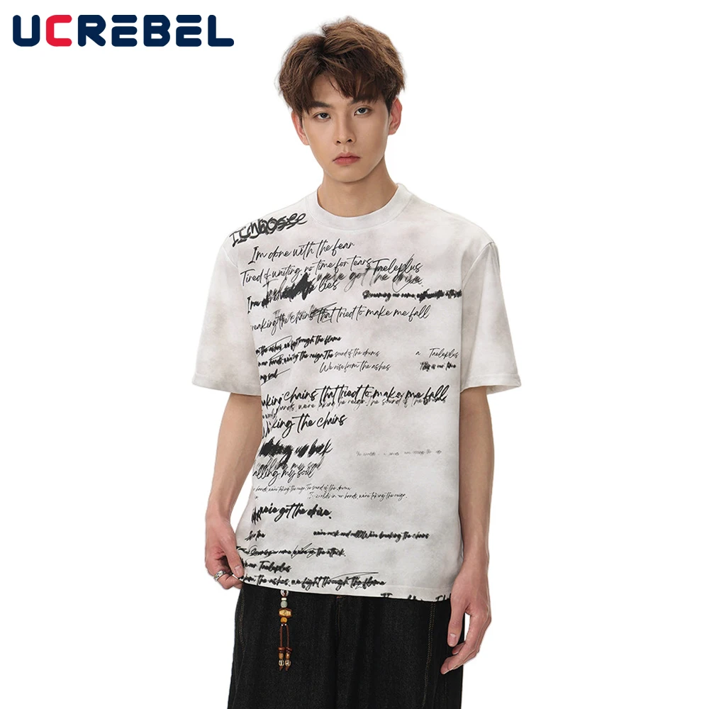 

Letter Print Dirty Wash Short Sleeve T-shirt Mens Summer High Street Loose Half-Sleeve Crew Neck Tee Men tops