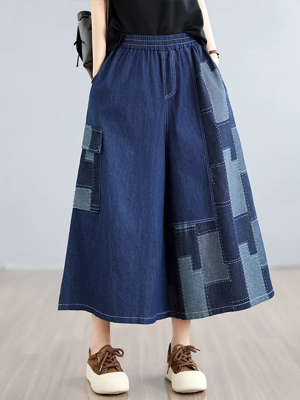 

High Waist Wide Leg Nine-Tenths Printed Patchwork Denim Skirt-Pants Summer Season Loose Fit Polyester Fiber Ladies Jeans