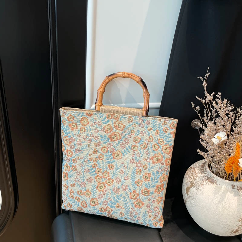 

Vintage artistic embroidery Floral Pattern Shoulder Bag Bamboo Handle Women Tote Bag Soft Fabric Handbag for Daily Shopping