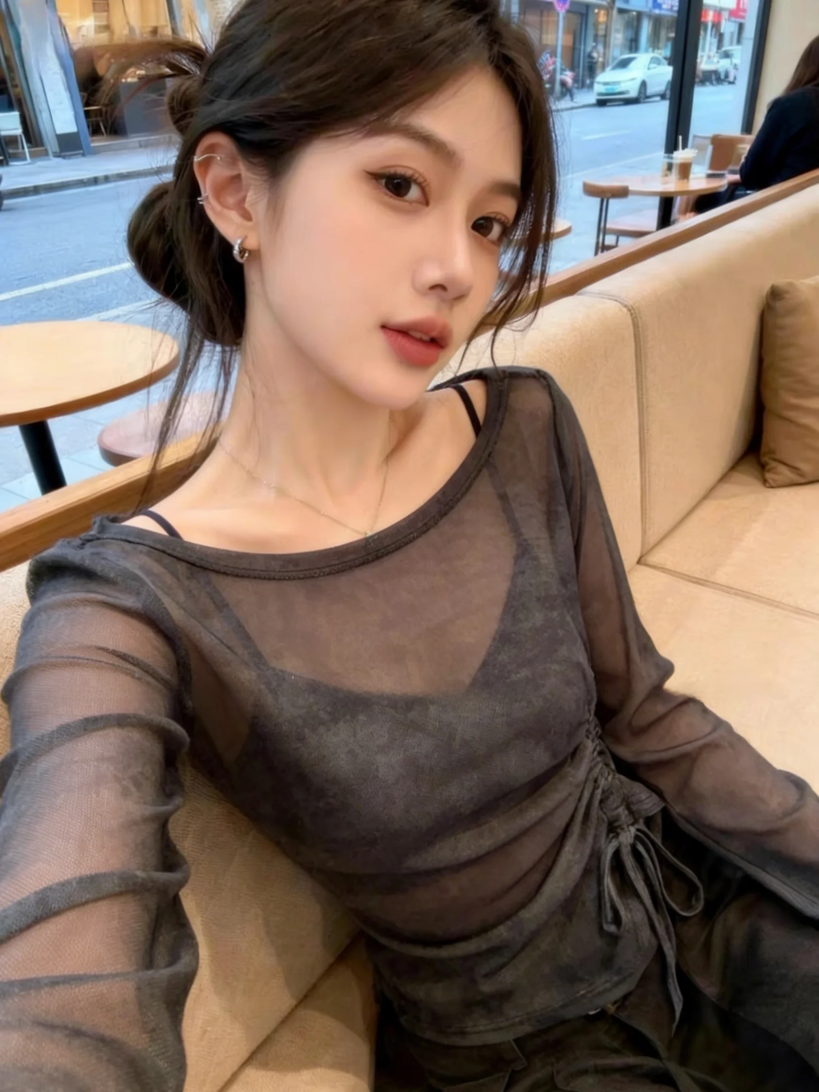 

Spring New Arrival Women's Long Sleeve T-Shirt Mesh Self-Kept Style Pleated Waist Design Breathable Korean Style Silk Top