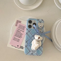 Double-layer checked IMD mobile phone case with bear hang-up is suitable for Iphone 12 13 14 15 16promax