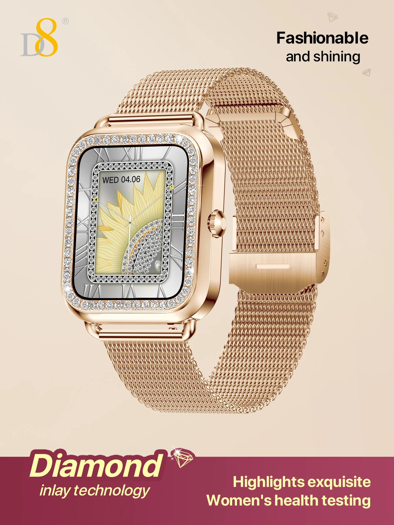 

Умные часы D8 IP68, водонепроницаемый безель, украшенный блестящими бриллиантами, спортивный режим 100+, подходящий для подарков для женщин