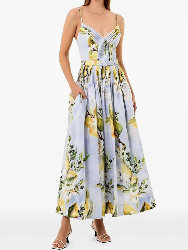 

Fashion temperament waist slim V-neck printed suspender dress 2025 summer new belt swing holiday long A-line skirt