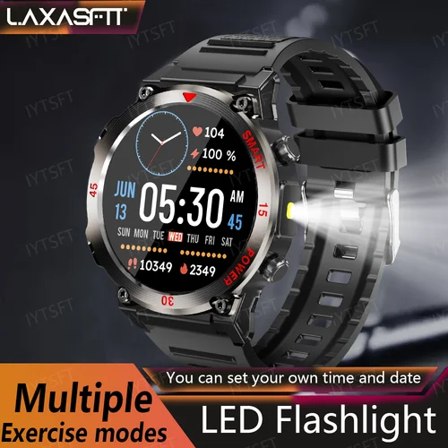 Imagen 1 del producto LAXASFIT nuevo reloj inteligente para hombres deportes al aire libre linterna LED Bluetooth llamadas asistente de voz monitoreo de salud reloj inteligente