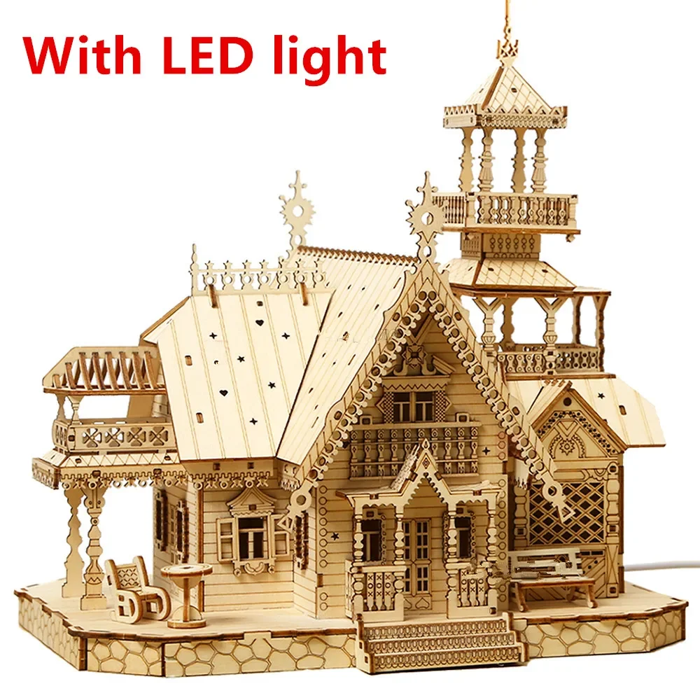 3D Houten Puzzel Huismodellen Villa Huis Koninklijk Kasteel met Licht DIY Montage Speelgoed voor Kinderen Volwassenen Model Kits