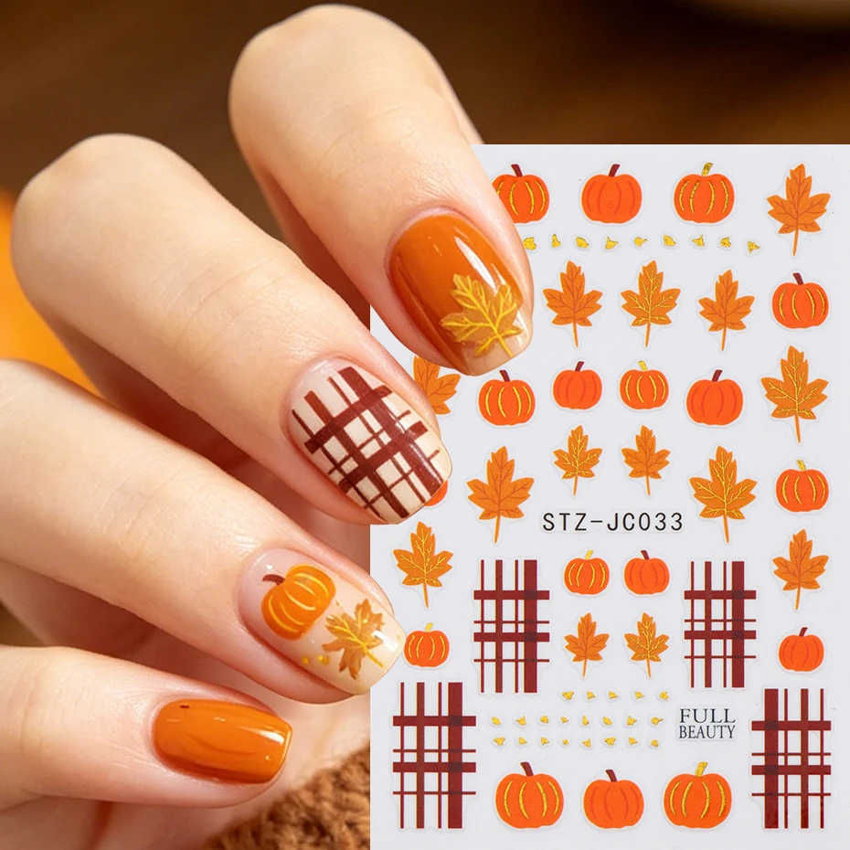 2 pcs 3D Autumn Pumpkin Maple Leaves Nail Stickers Maillard Brown Plaid Golden Foils Decals for Nails Deep Fall Manicure Decor