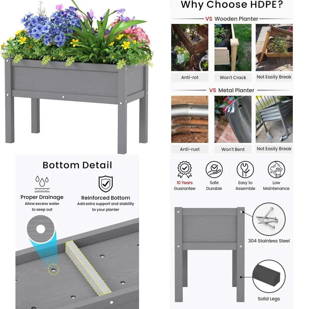 

Elevated HDPE Garden Bed with Legs, Weather-Resistant Outdoor Planter for Growing Seeds, Herbs, and Flowers