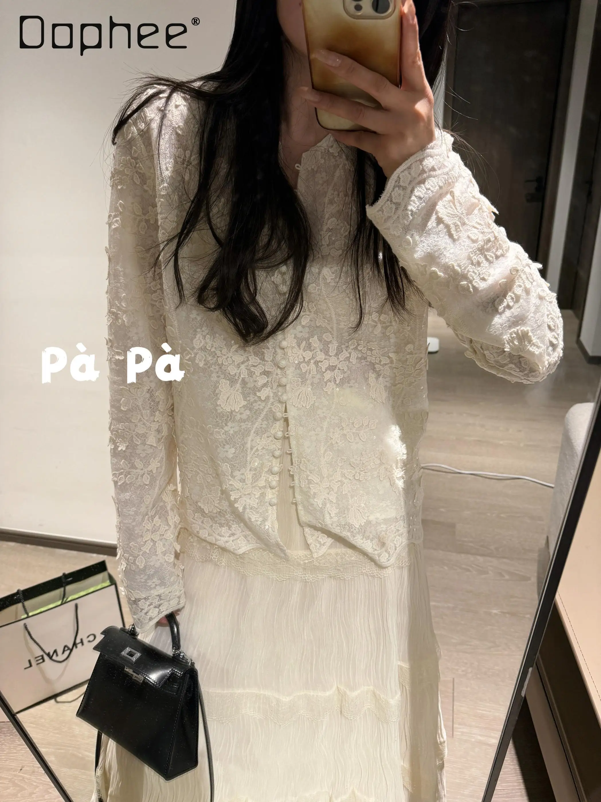 Vintage Heavy Industry Embroidery Glitter Three-dimensional Lace Shirt French New Chinese Top Women Long-sleeved Loose Shirts