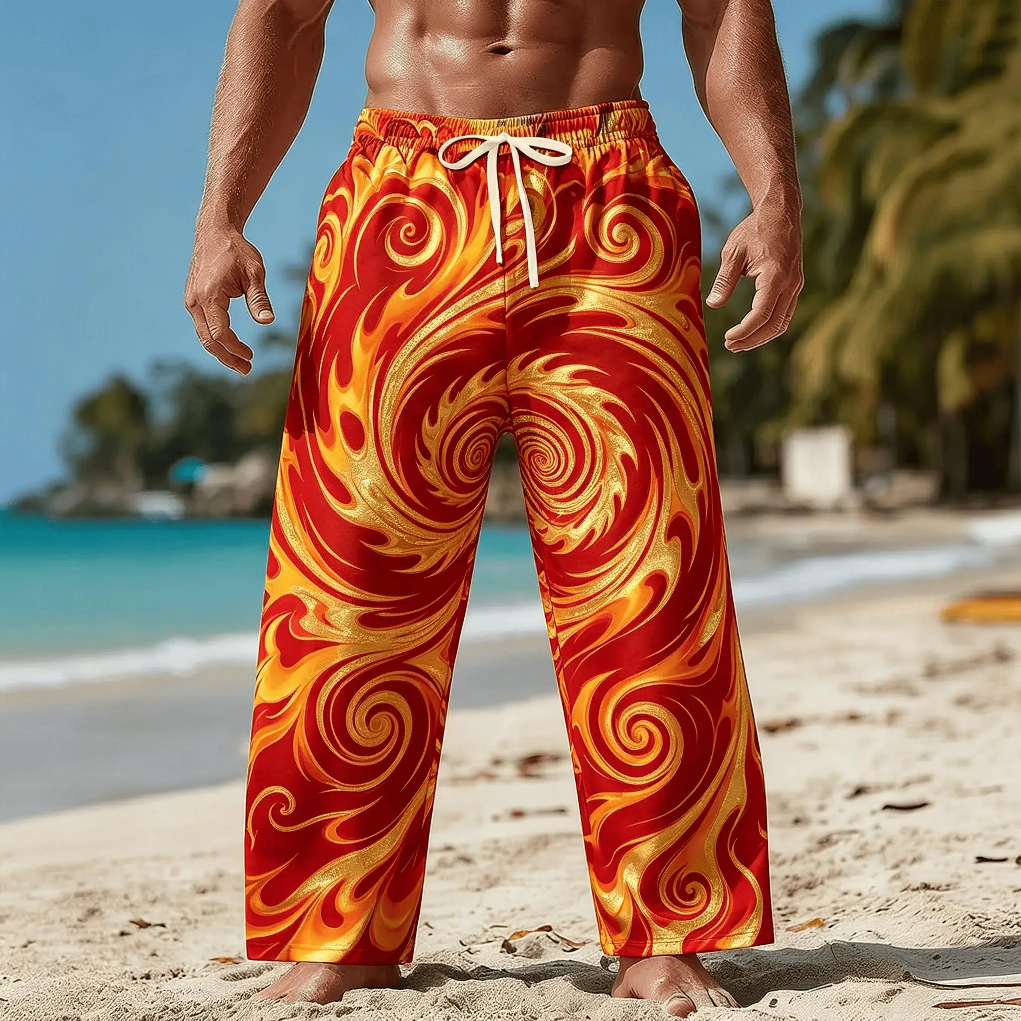 

Men's Red Gold Flame Swirl Print Drawstring Wide Leg Pants, Cool Psychedelic Straight Pants for Spring & Summer