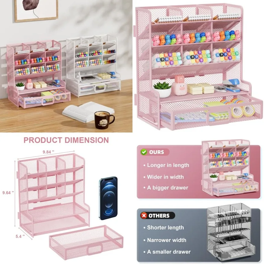 

Larger Mesh Desk Organizer with Drawer Multi-Functional Pen Pencil Holder Easy Assembly Desk Organizers and Accessories for Off