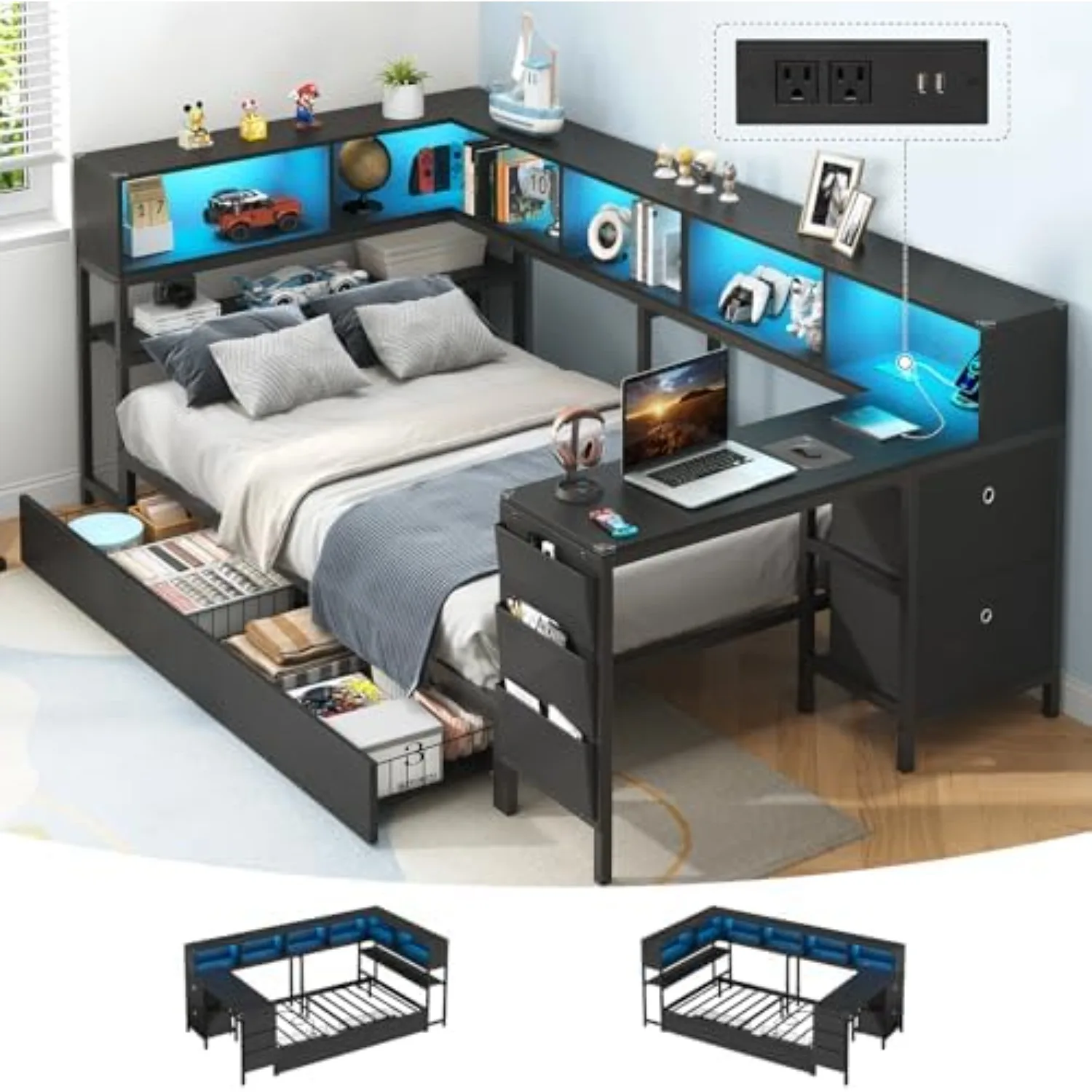 Twin Corner Bed with Desk and Storage Bookcase, Daybed with 2 Drawers & 2 Storage Bins, Twin Size Platform Bed Frame