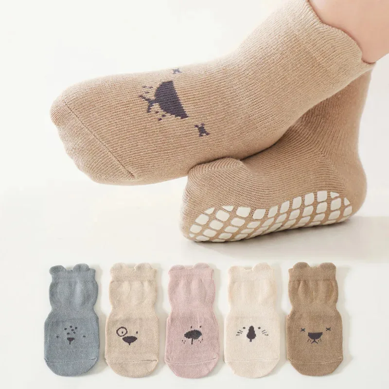 5 Pairs Baby Adorable Animals Pattern Non Slip Floor Socks, Breathable Casual Socks For Boys and Girls Kids Indoor Activities