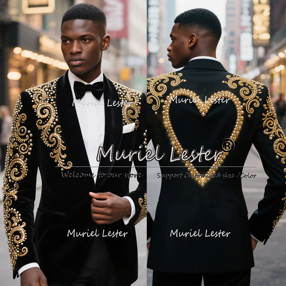 

Unique Gold Crystals Beaded Suits Men For Wedding Peaked Lapel Groom Blazers Customized 2 Pieces Sets Groom Tuxedo Male Clothing