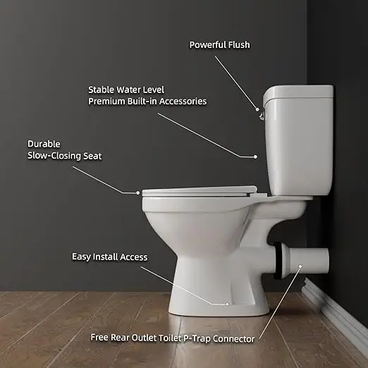 Rear Outlet Toilet with Tank: Powerful Flush & Space-Saving Design with Rear Discharge - Includes Extra Extension