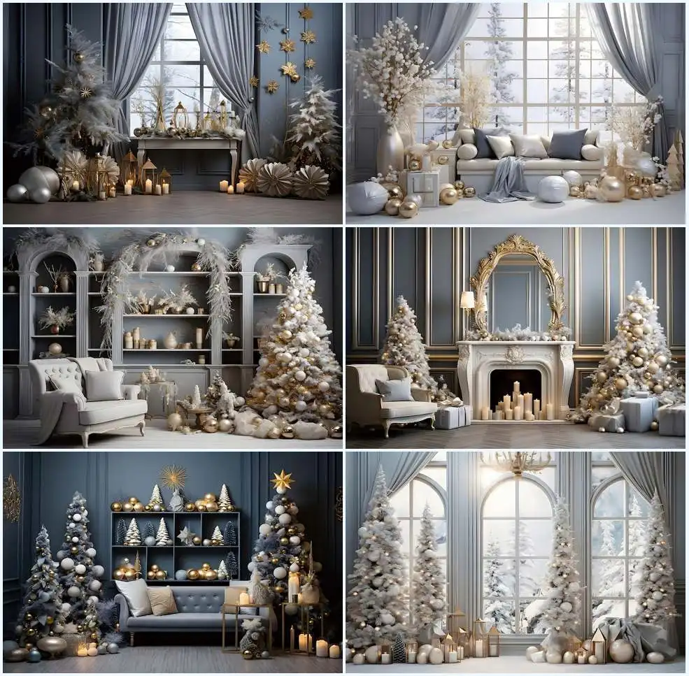 

Avezano Christmas Background Winter Snow Fireplace Windows Interior Xmas Tree Decoration Backdrop Photo Studio Photocall Props