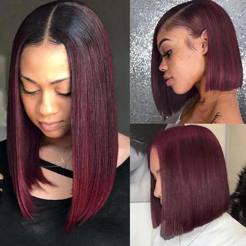 Ombre Wine Red Bob Wigs Human Hair with Baby Hair Ombre 1b/99J Bone Straight Short Bob Wig for Black Women