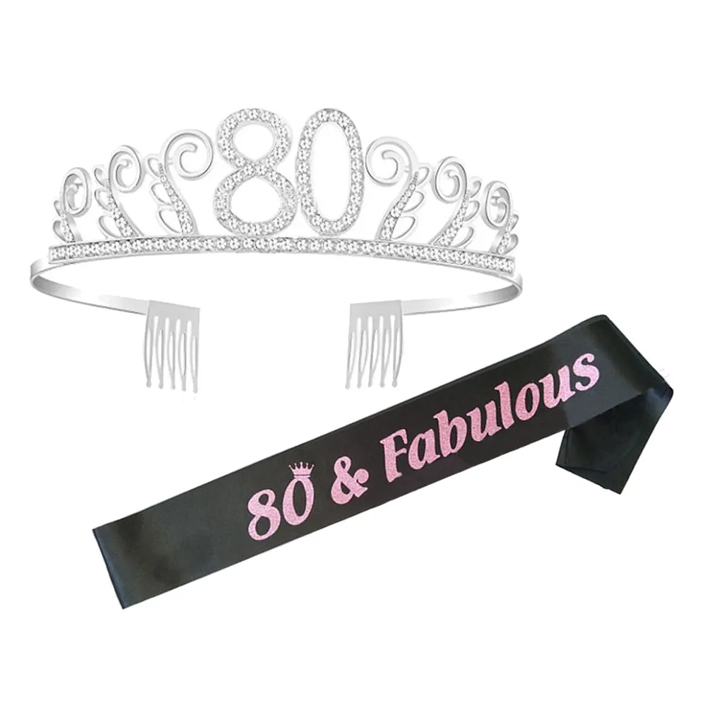 

1Set Birthday Rhinestone Crown Tiara Hair Comb Letter Printing Sash Party Decorative Accessory Birthday Celebration Etiquette