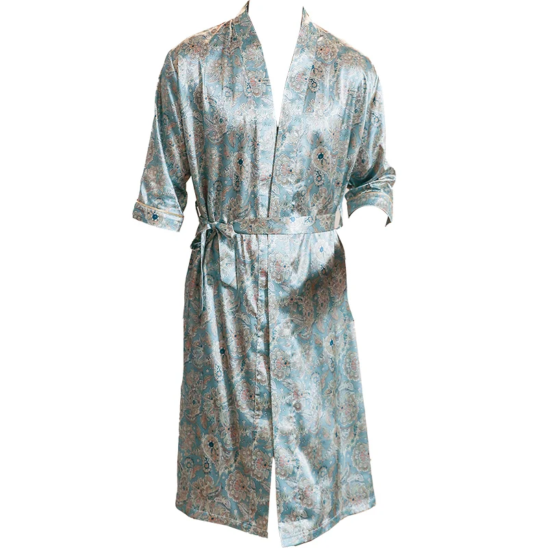 Men\'s Ice Silk Satin Half Sleeves Pajamas Sleepwear Robe Robes Bathrobe Nightgown Plus Size Spring and Autumn Short Sleeves