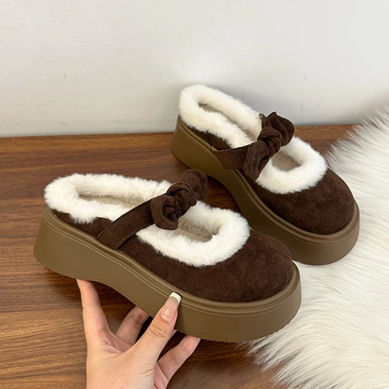 

Женские пушистые тапочки на плоской подошве с бантом, туфли на платформе, туфли-лодочки, женские сандалии, зима 2025 г., короткие плюшевые туфли, женские шлепанцы с открытой пяткой
