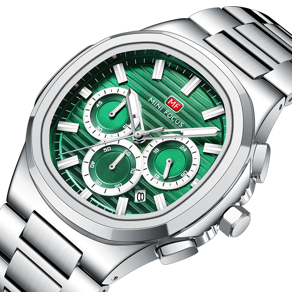 

MINIFOCUS Men’s Business Watch Multifunction Chronograph Luminous Hands Stainless Steel Band Waterproof Quartz Wristwatch