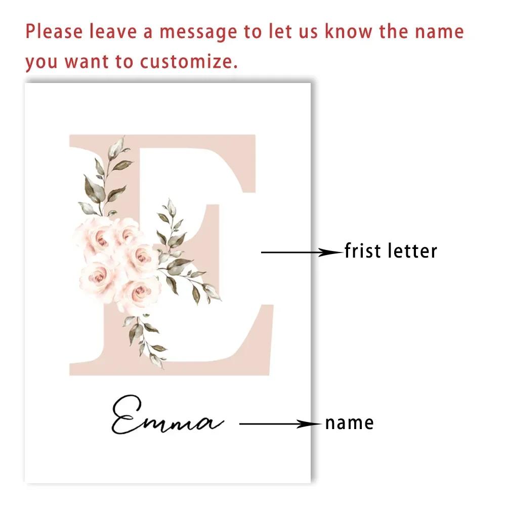 Nordic Custom Name Poster Personalized Animal Canvas Painting Pink Flower Lion Elephant Wall Art
