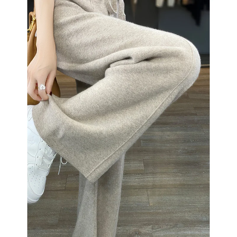 100% wool knitted wide-leg pants women\'s fall/winter mid-seam elastic high waist straight pants loose mop pants