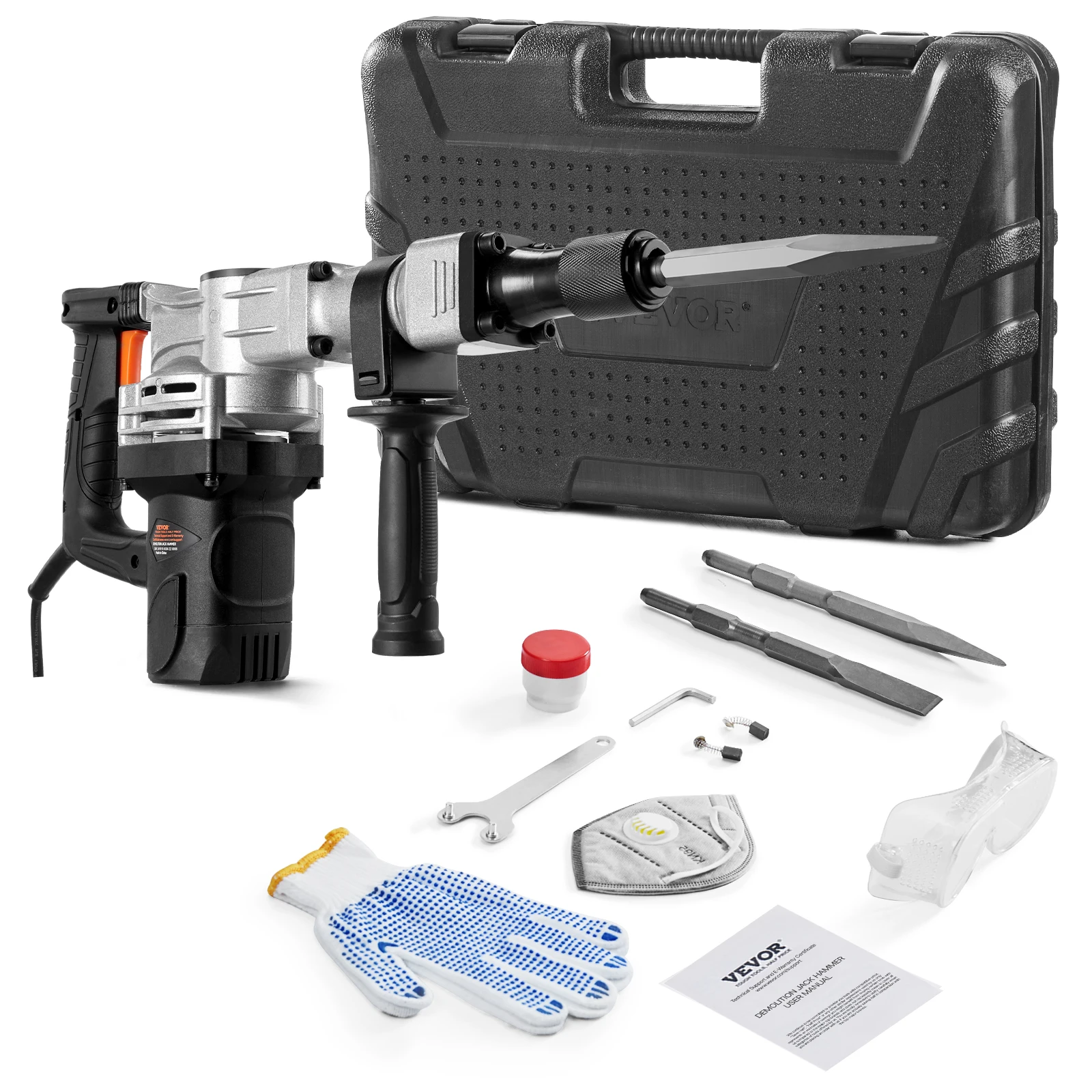 

SucceBuy Electric Heavy Demolition Jack Hammer 1400W 2pcs Chisels Bits Chipping with Case 2900 BPM Concrete Breaker Gloves Black