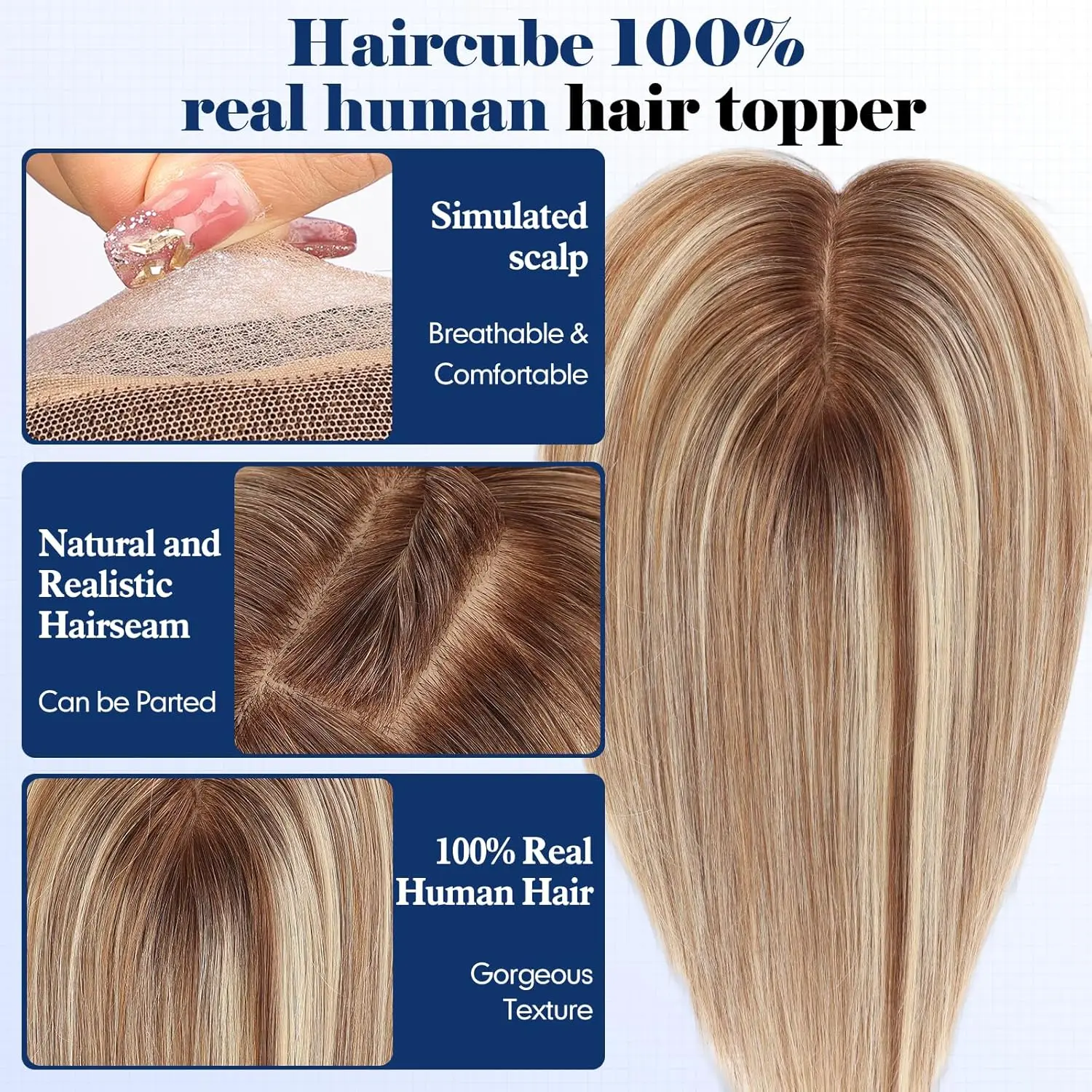 Brown Blonde Highlight Human Hair Toppers 5x5.5inch Silk Base 4Clips 12inch 100% Real Hair Toppers with Bangs Natural for Women